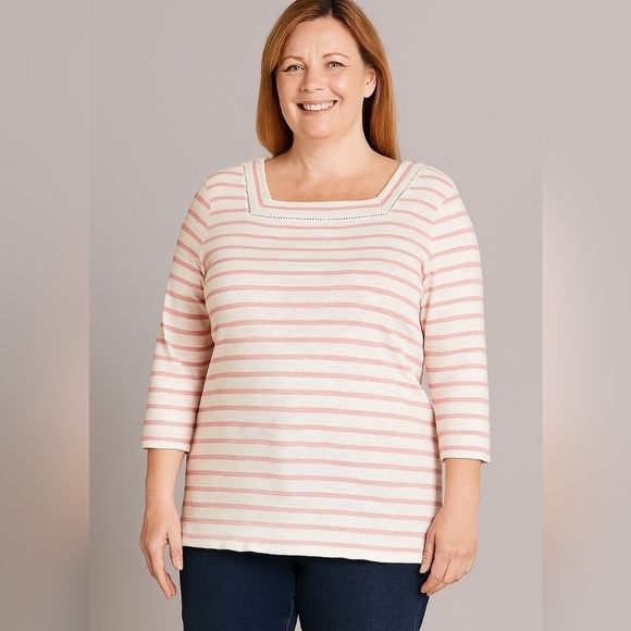 Talbots Tops - Talbots Large Pink and White Striped 100% Cotton Top Square Neck 3/4 Sleeve